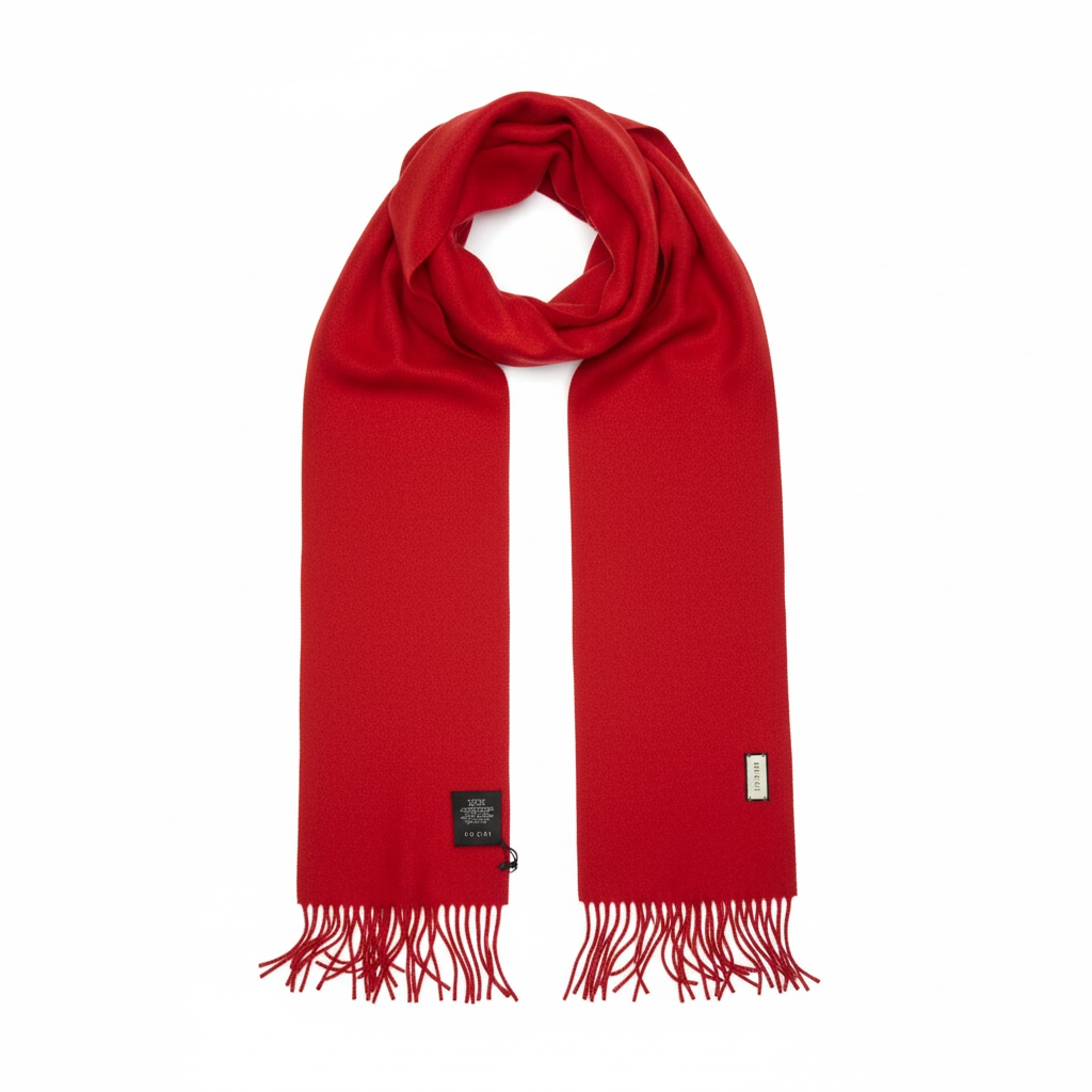 Gucci Red Cashmere Scarf with purple sequins logo
