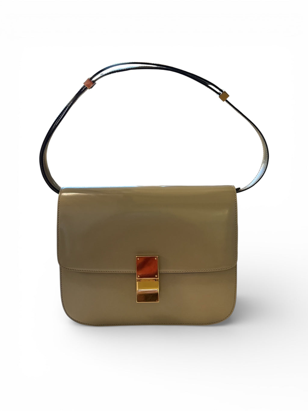 CELINE
Spazzolato Patent Leather Classic Box Medium Flap Bag Grey Gold
