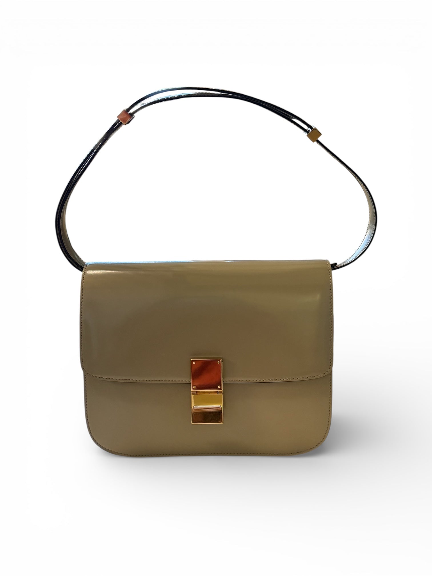CELINE
Spazzolato Patent Leather Classic Box Medium Flap Bag Grey Gold