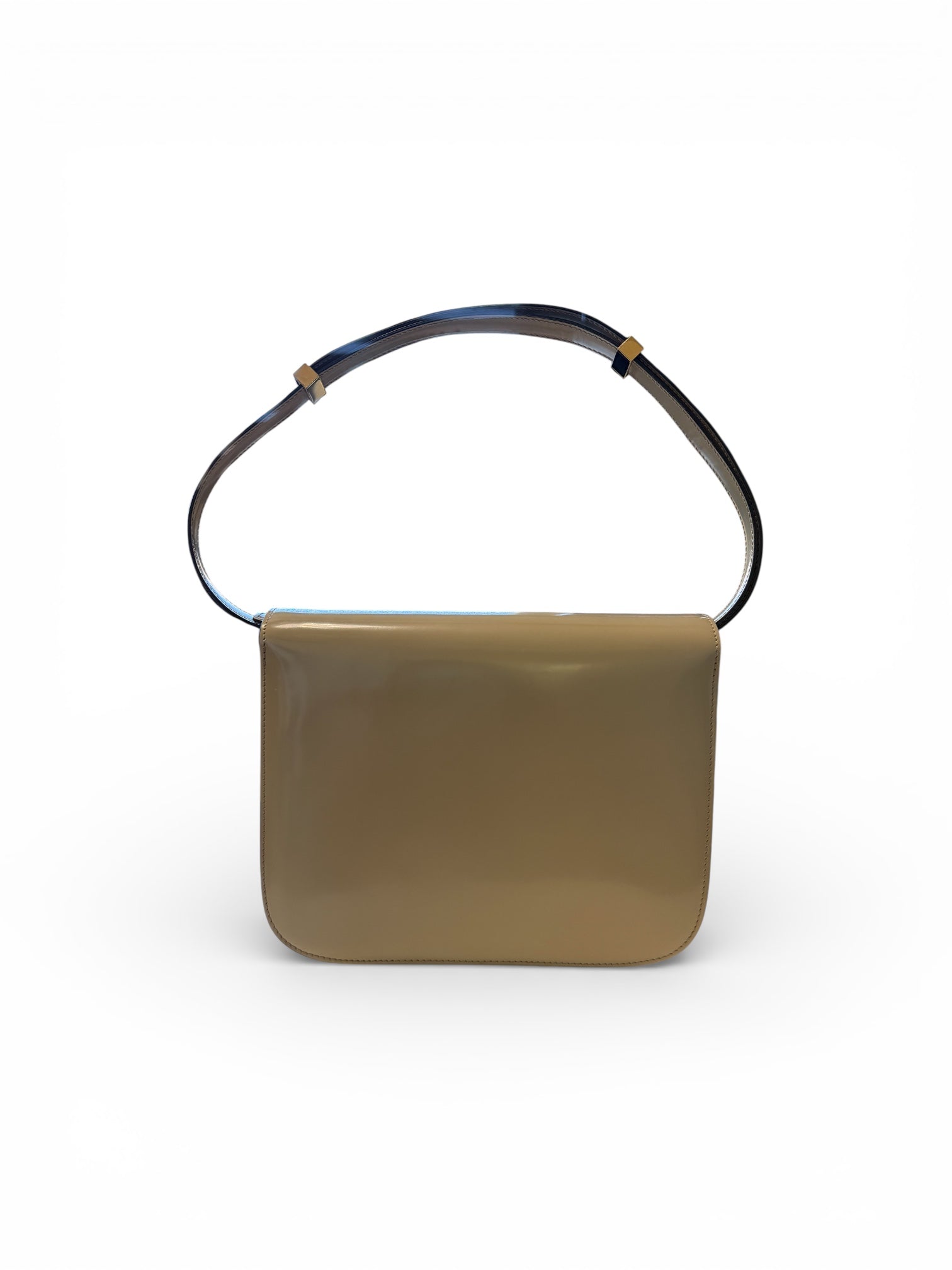 CELINE
Spazzolato Patent Leather Classic Box Medium Flap Bag Grey Gold