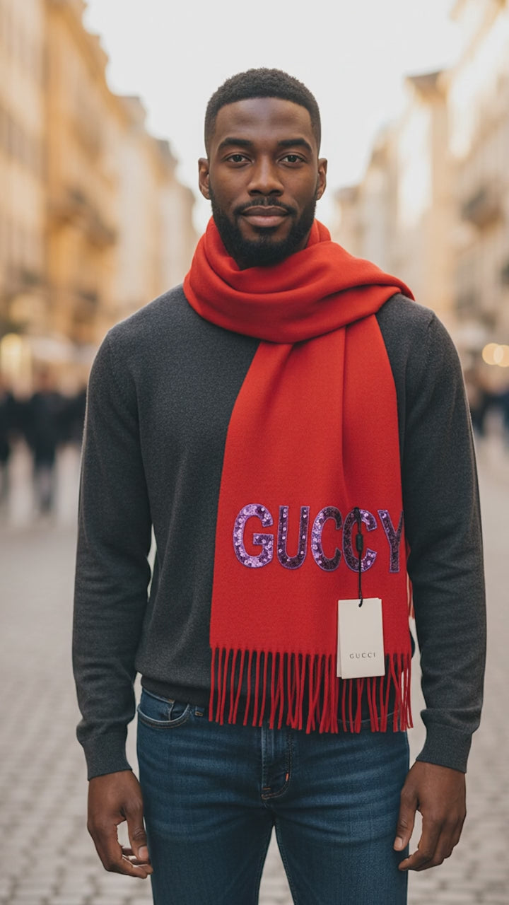 Gucci Red Cashmere Scarf with purple sequins logo